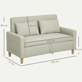 Sofá de 2 Lugares Estofado em Linho Sintético com Espaço de Armazenamento 2 Almofadas e Pés de Madeira 135x71x84 cm Bege