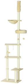 PawHut Arranhador para Gatos do Solo ao Teto de 230-250 cm  com Altura Ajustável Múltiplas Plataformas Rede Bolas Suspensas Bege