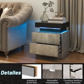 Mesa de cabeceira com luzes LED e 2 gavetas de arrumação com textura de mármore para sala de estar Quarto 45 x 35 x 52 cm preto/cinzento