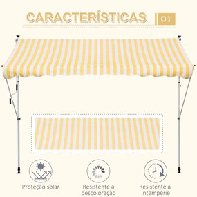 Toldo Portátil 3x1,5m Manual Dobrável de Alumínio Altura Regulável com Manivela para Terraço Jardim Amarelo e Branco