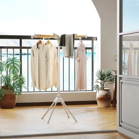 Estendal de roupa com 4 pés dobrável com 8 barras de bambu 40 ranhuras para cabides e estrutura metálica resistente Natural