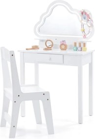Conjunto de Toucador Infantil com Cadeira, 59 x 35 x 103,5 cm, Espelho em Forma de Nuvem com Luz LED, Branco
