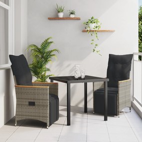 vidaXL Conjunto de Jantar de Jardim de 3 Peças com Almofadas Cinza Rattan Sintético
