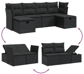 6 pcs conjunto sofás de jardim c/ almofadões vime PE preto