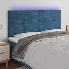 Cabeceira cama c/ luzes LED veludo 200x5x118/128cm azul-escuro