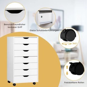 Armário de escritório com rodas com 7 gavetas, rodas bloqueáveis 48 x 40 x 89 cm branco