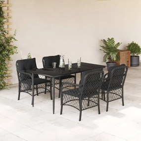 5 pcs conjunto de jantar p/ jardim c/ almofadões vime PE preto