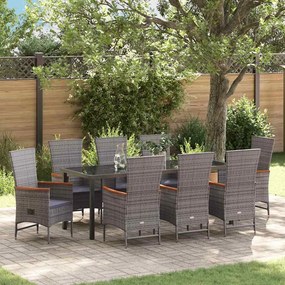 vidaXL Conjunto de Jantar para Jardim 9 Peças com Almofadas Cinza em Ráton Sintético.