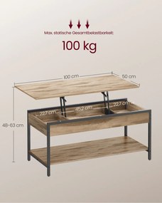 Mesa de centro com altura ajustável, 50 × 100 cm, com compartimento, castanho-camelo e Preto