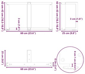 Pés para mesa de centro em forma de T, 2 peças, antracite, 60x25x(42-4