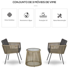 Conjunto de Móveis de Vime Conjunto de Móveis para Jardim 3 Peças Mesa Redonda e 2 Poltronas com Almofadas Cinza Claro e Castanho