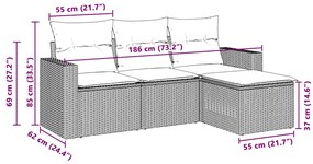 4 pcs conj. sofás jardim c/ almofadões vime PE cinzento-claro