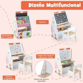 Conjunto de mesa e cadeira para crianças com 2 recipientes de pano amovíveis Quadros de giz magnéticos e quadro branco para brincar a desenhar Branca