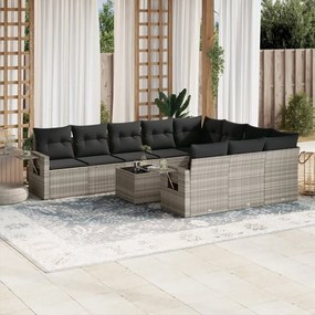 11 pcs conjunto sofás de jardim c/ almofadões vime PE cinzento