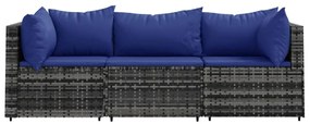 3 pcs conjunto lounge de jardim c/ almofadões vime PE cinzento