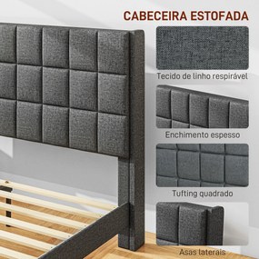 Estrutura de Cama 135x190 cm com Cabeceira Estofada em Linho e Espaço de Armazenamento Debaixo da Cama Cinza