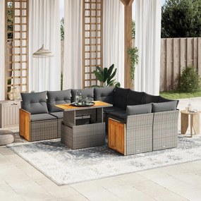 9 pcs conjunto sofás p/ jardim com almofadões vime PE cinzento