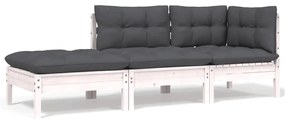 3 pcs conjunto lounge jardim c/ almofadões pinho maciço branco