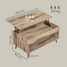 Mesa de sala, mesa de centro com altura ajustável 50 x 100 x 45/58,5 cm, compartimento oculto castanho-camelo e preto