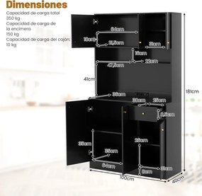 Armário de Cozinha / despensa 100 x 40 x 181 cm com tomadas elétricas, portas USB preto