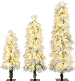 Conjunto de 3 árvores de Natal artificiais de 90 cm, 120 cm e 150 cm pré-iluminadas com pontas nevadas 30, 50 e 70 luzes verdes