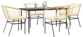 vidaXL Conjunto jantar jardim 5 peças almofadas vidro vime PE castanho