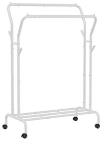 Varão para roupas SONGMICS, cabide para roupas, trilho duplo para pendurar roupas, estrutura metálica resistente, com rodas e prateleira, 100 kg total máx. Carga, 103,5 cm de largura, armazenamento de roupas, branco HSR107W01