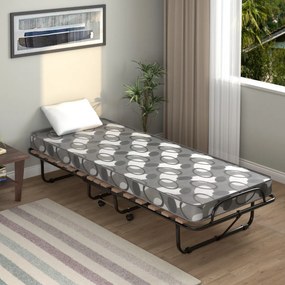 Cama dobrável com colchão Cama de hóspedes portátil com rodas em espuma de memória Estrutura de aço 190 x 80 x 33 cm Cinzento