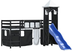 Cama alta criança c/ torre 80x200 cm pinho maciço branco/preto