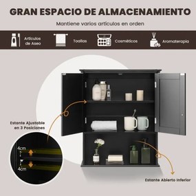 Armario de parede para casa de banho com 2 portas Prateleira regulável em altura 60 x 20 x 70,5 cm Preto