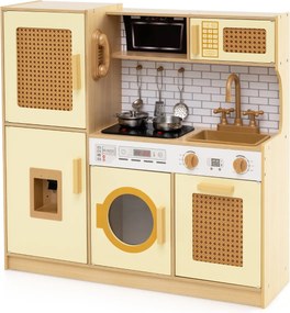 Cozinha de brinquedo para crianças com luzes e sons realistas, frigorífico, dispensador de água, máquina de lavar roupa e acessórios de cozinha amarel