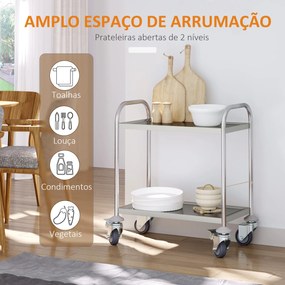 Carrinho Auxiliar com Rodas de Aço Inoxidável Carrinho de Cozinha com 2 Prateleiras e 2 Pegas 70,5x40,5x81 cm Prata