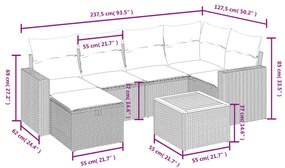 7 pcs conjunto de sofás p/ jardim c/ almofadões vime PE preto
