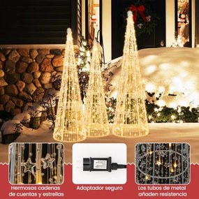 Conjunto de 3 árvores de Natal pré-iluminadas em forma de cone com correntes de estrelas 62/72/81cm