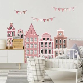 Autocolantes de parede para meninas - Casas cor-de-rosa com grinaldas