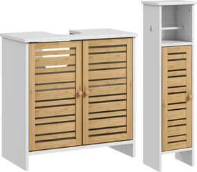 HOMCOM Conjunto de Móveis para Casa de Banho Inclui 1 Móvel para Lavatório Pousar 1 Coluna Casa de Banho com Portas de Bambu Suporte para Papel Higiénico e Prateleiras Ajustáveis Branco e Madeira | Aosom Portugal
