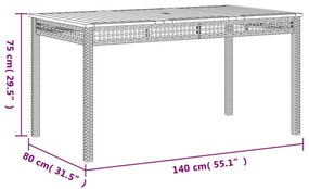 Mesa de jardim 140x80x75cm vime PE e madeira de acácia cinzento