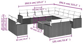 14 pcs conjunto de sofás p/ jardim c/ almofadões vime PE preto