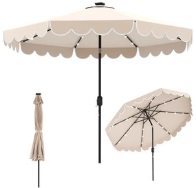 Guarda-sol de 300 cm com 24 luzes LED, parte superior ventilada, folhos e ajuste de inclinação Bege