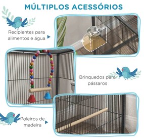 Gaiola para Pássaros com Rodas Gaiola para Aves com Comedouro Poleiro Baloiço e Bandeja Amovível 48x46x74 cm Cinzento