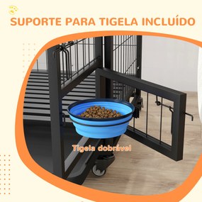 Gaiola para Cães com Parte Superior Rebatível Suporte de Tigelas Bandeja Amovível Rodas e Porta Dupla 109x72x79 cm Preto