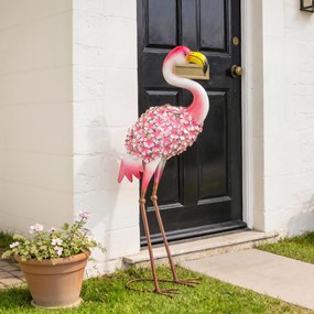 Estátua de jardim de flamingo rosa, escultura de ave em metal com penas florais, 28 x 19 x 83 cm, vermelho