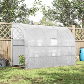 Estufa de jardim encostada com prateleiras de 3 níveis, pequena estufa de varanda em lona de PE 140 g/m², 300 x 150 x 213 cm, branca