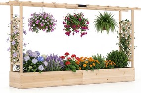 Floreira de jardim elevada em madeira com treliça 220 x 35 x 114 cm, teto suspenso, orifícios de drenagem, para plantas trepadeiras, Natural