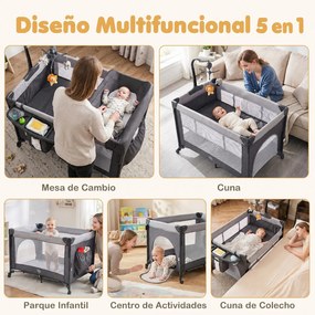 Berço de Viagem Dobrável 5 em 1, 110 x 76 x 77 cm, Altura Regulável em 4 Níveis, Preto