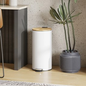 Balde do Lixo para Cozinha com Pedal 30L Cubo de Lixo Metálico com Tampa de Fecho Suave e Balde Removível 36x30x60,5 cm Branco e Madeira