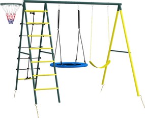 Outsunny Baloiço Infantil de 3-8 Anos 4 em 1 com Baloiço Ninho e Individual Rede de Escalada Cesto de Basquetebol Escada Amarelo | Aosom Portugal