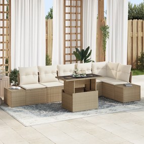 Conjunto de Sofá de Jardim 7 Peças com Almofadas Bege em Rattan Polipr