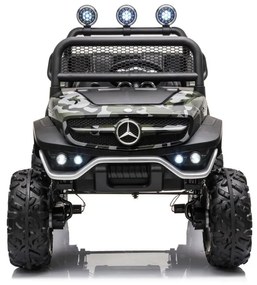 Carro elétrico para crianças Mercedes Unimog 12v, pneus de borracha, assento de couro camuflado