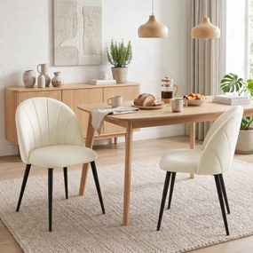 Conjunto de 2 Cadeiras de Jantar em Concha (MESA NÃO INCLUIDA), 52 x 55 x 79 cm, Estofadas em Veludo, Creme